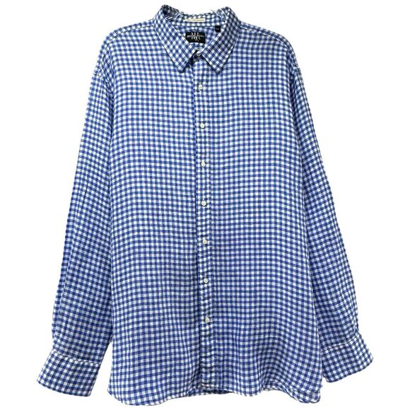 Michael Allens Shirt Mens XXL 100% Linen Blue Button Down Gingham Prep Heritage - Picture 1 of 15
